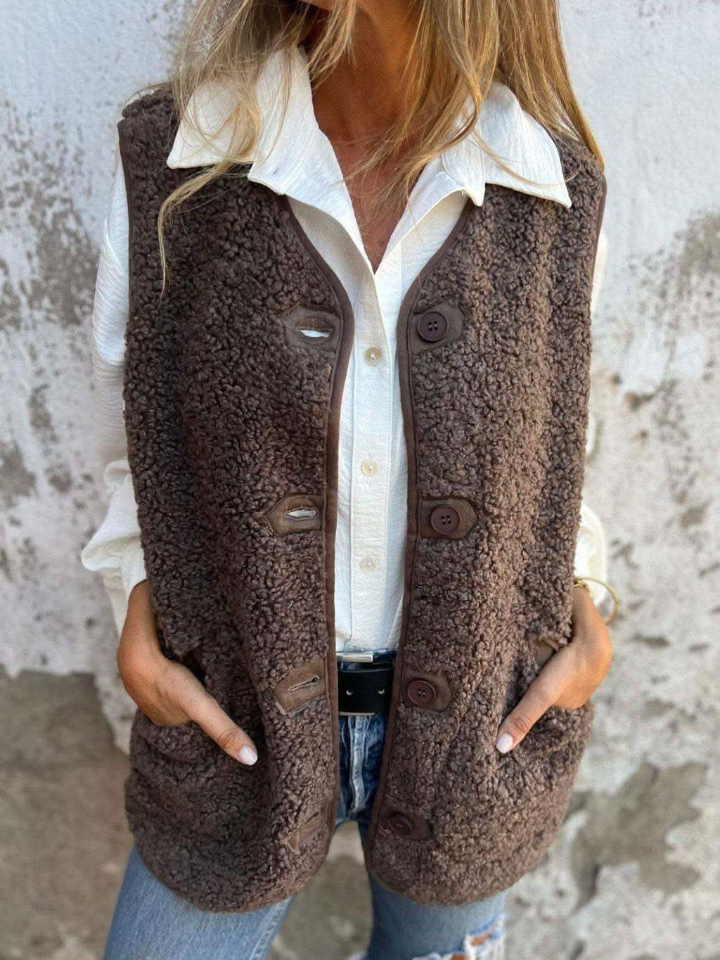 Full Size Pocketed Button Up V-Neck Sherpa Vest in Coffee Brown - Vests photo