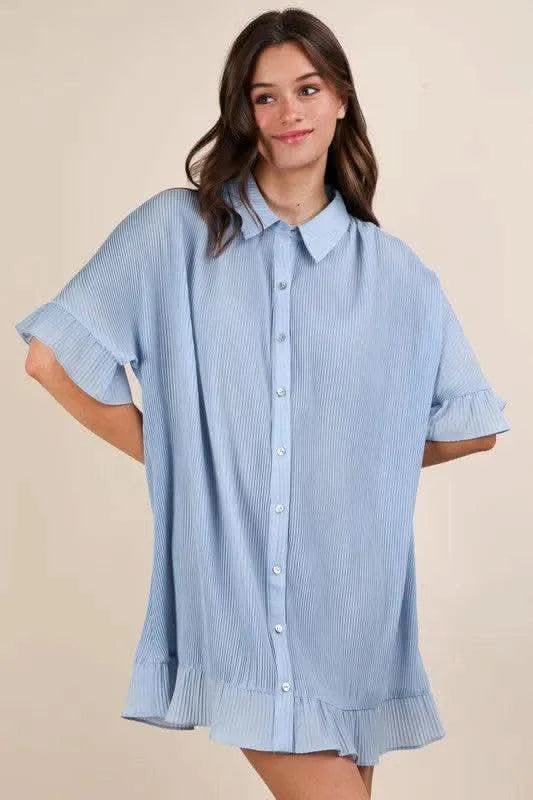 VERY J Pleated Detail Button Down Mini Dress in Sky - photo