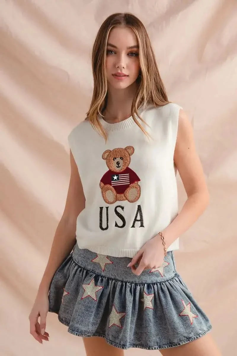 SO ME Teddy Bear Wearing An American Flag With Usa Embroidered Sweater Vest in - photo