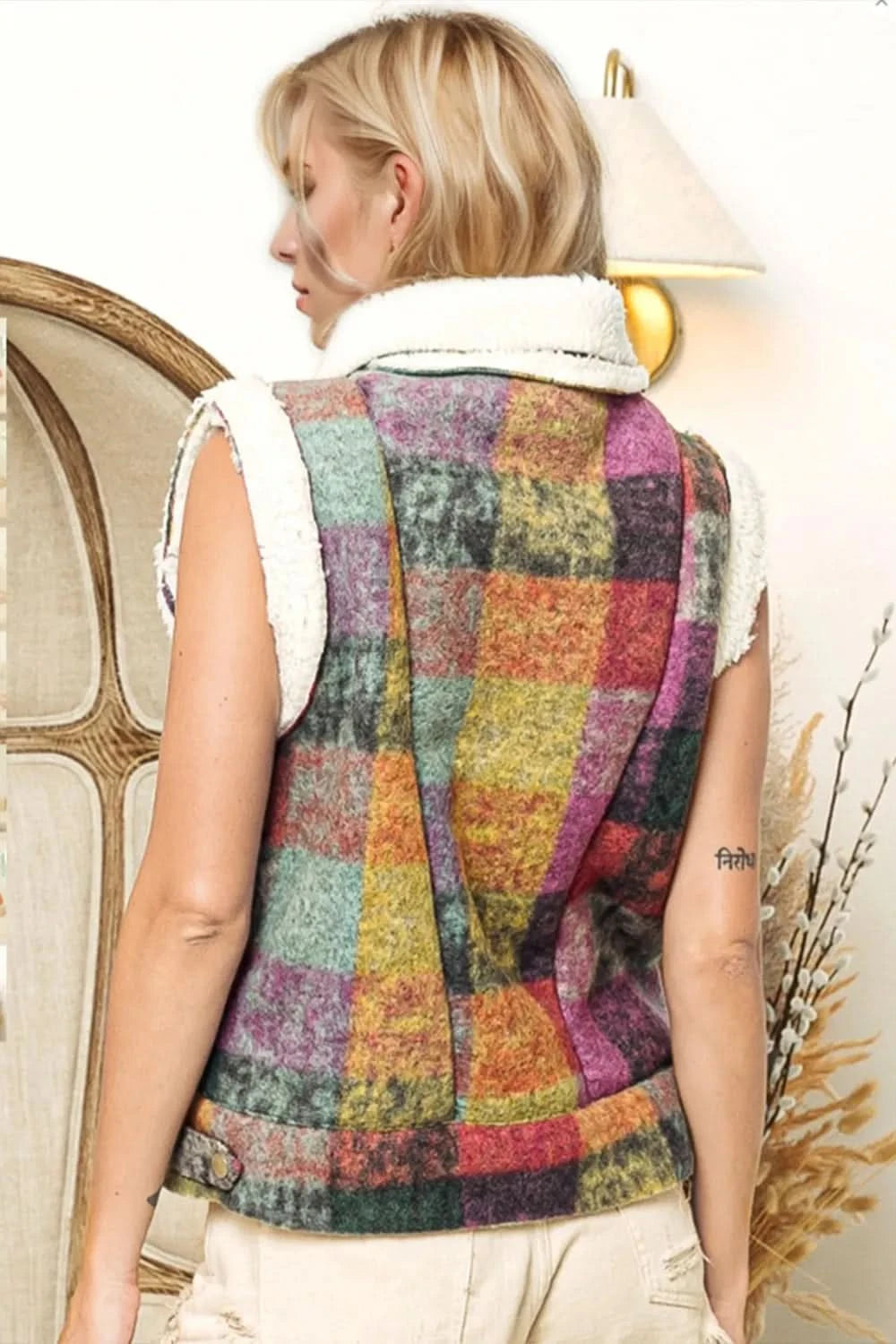 Double Take Full Size Snap Down Plaid Fleece Vest Coat with Pockets in - photo