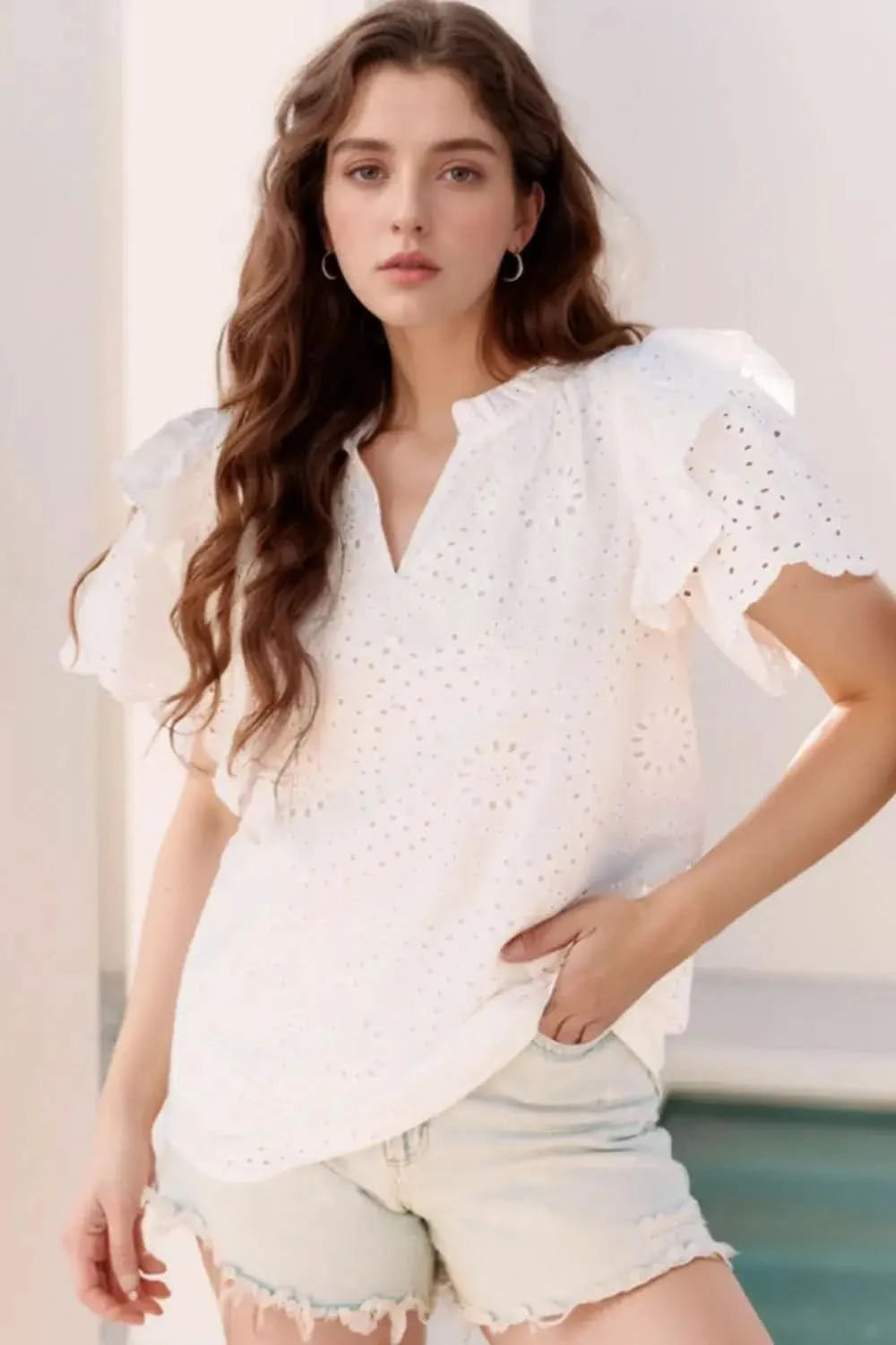 Eyelet Notched Short Sleeve Blouse in White - photo