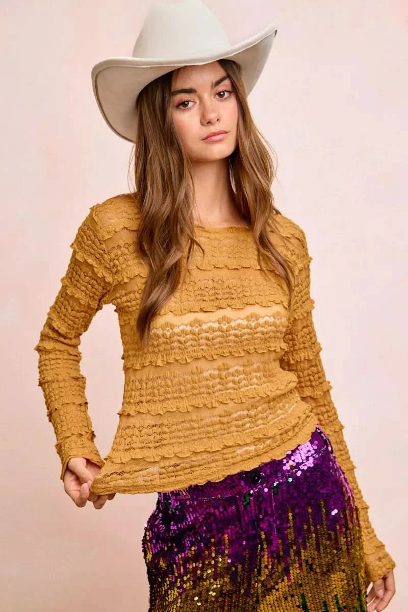 BiBi Ruffles Detail Mardi Gras Color Flower Lace Top in - photo