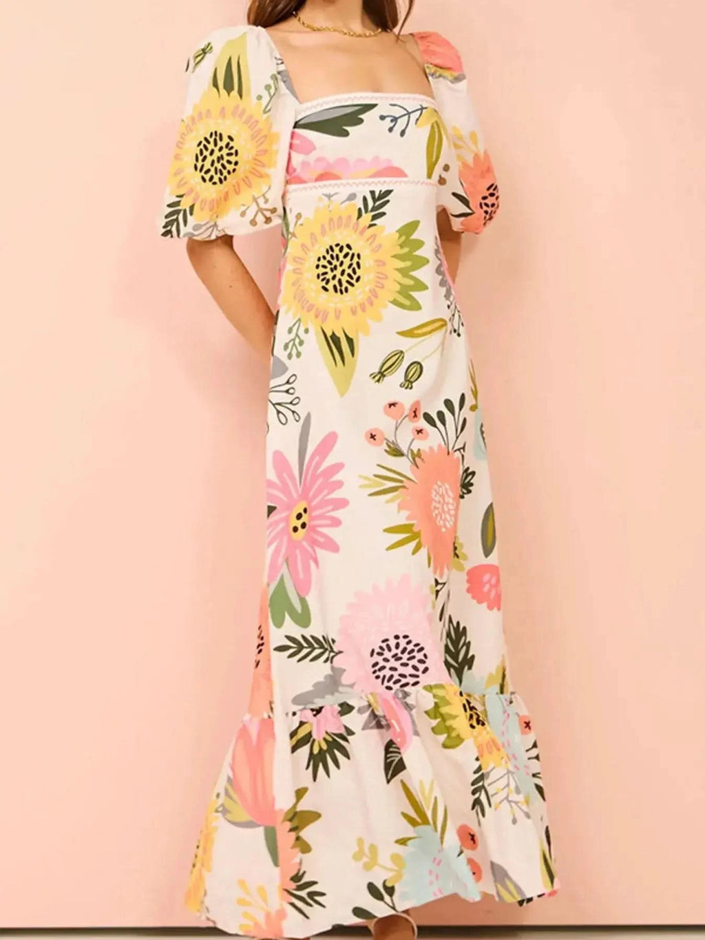 Floral Square Neck Puff Sleeve Maxi Dress with Ruffle Hem in - photo