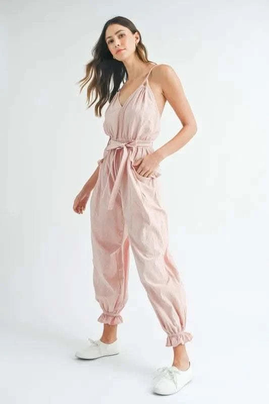 MABLE Washed Fabric Spaghetti Strap Waist Belted Jumpsuit - SwagglyLife Home & Fashion MABLE Washed Fabric Spaghetti Strap Waist Belted Jumpsuit - SwagglyLife Home & Fashion