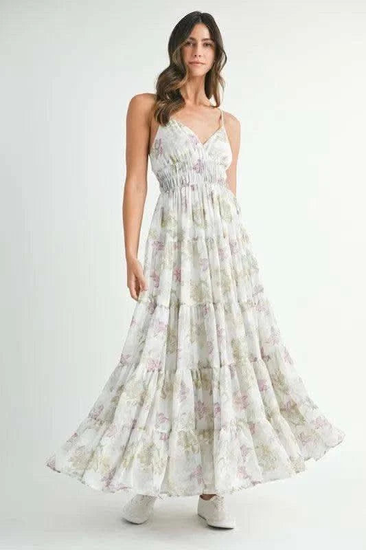 MABLE Floral Print Tiered Cami Maxi Dress in Green - Dresses photo