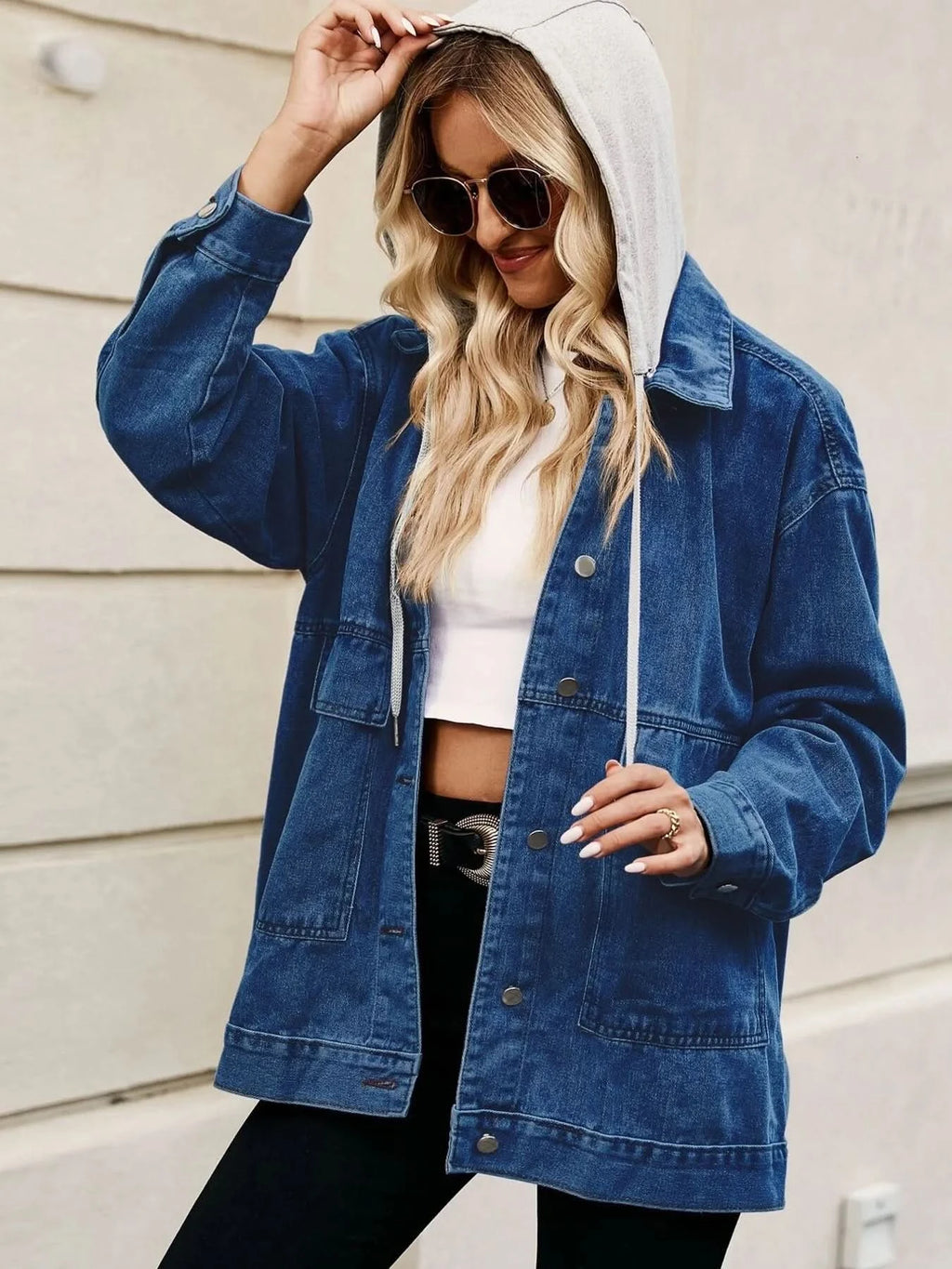 Oversized Button Up Denim Jacket with Hood in - photo