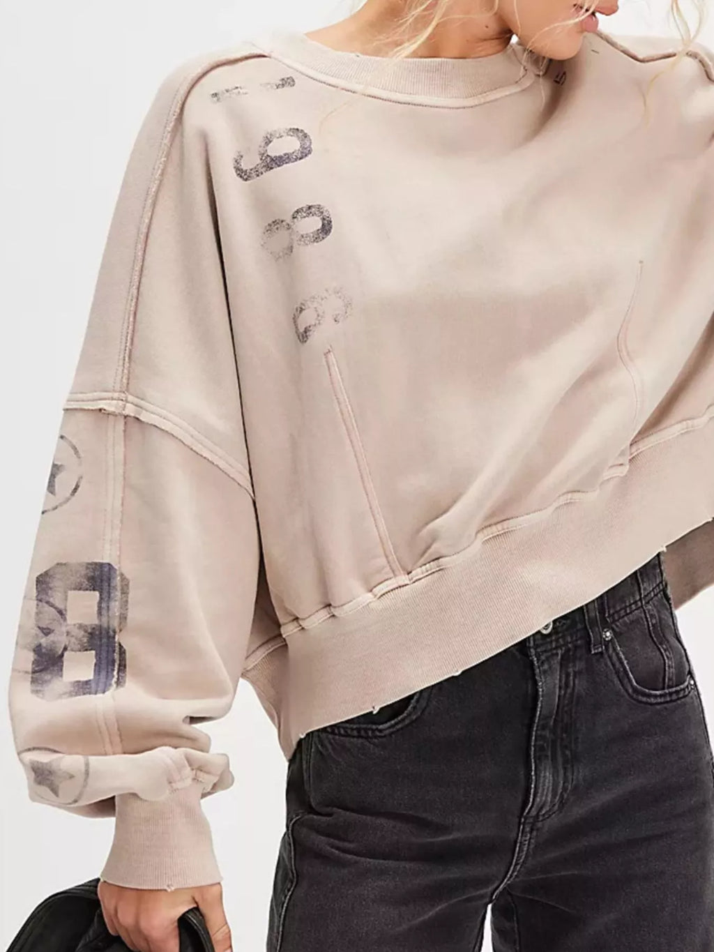 Printed Round Neck Dropped Shoulder Sweatshirt in Khaki - photo