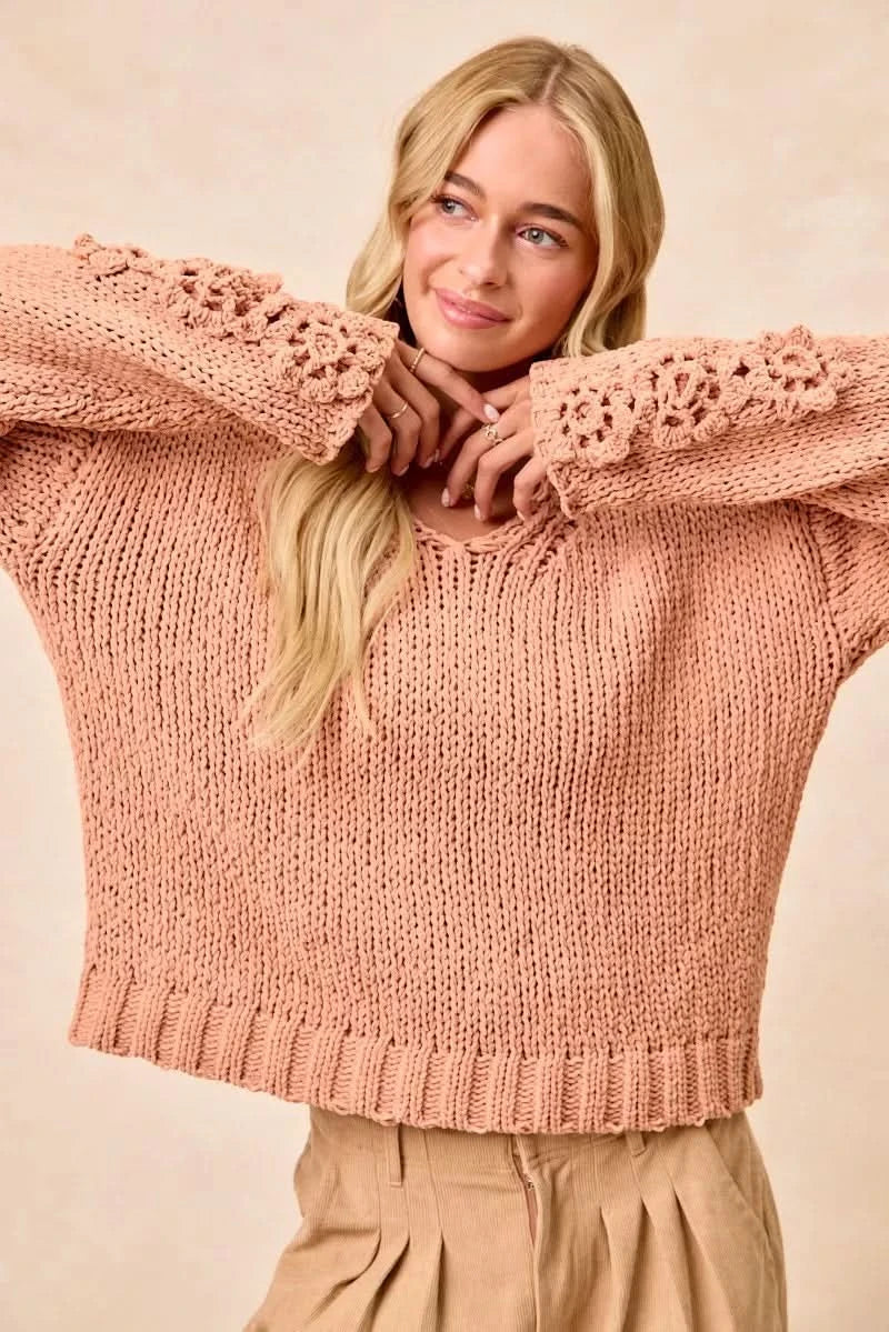 BiBi Chunky Knit Sweater with Flower Detail Sleeves in - photo