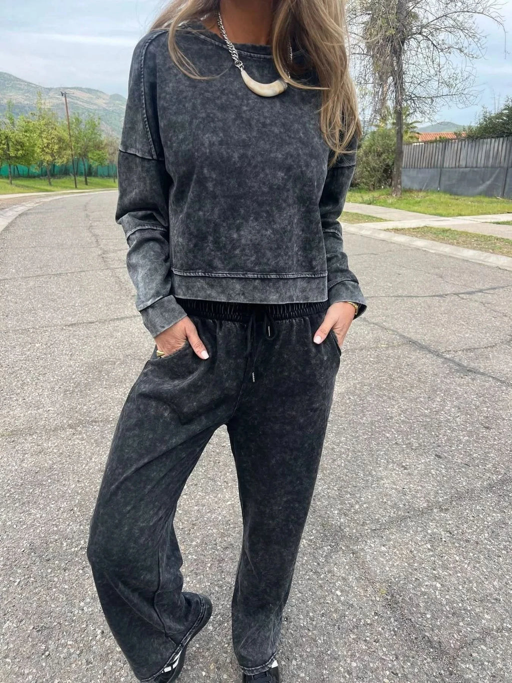 Full Size Washed Round Neck Top and Drawstring Pants Set Plus Size in Black - photo