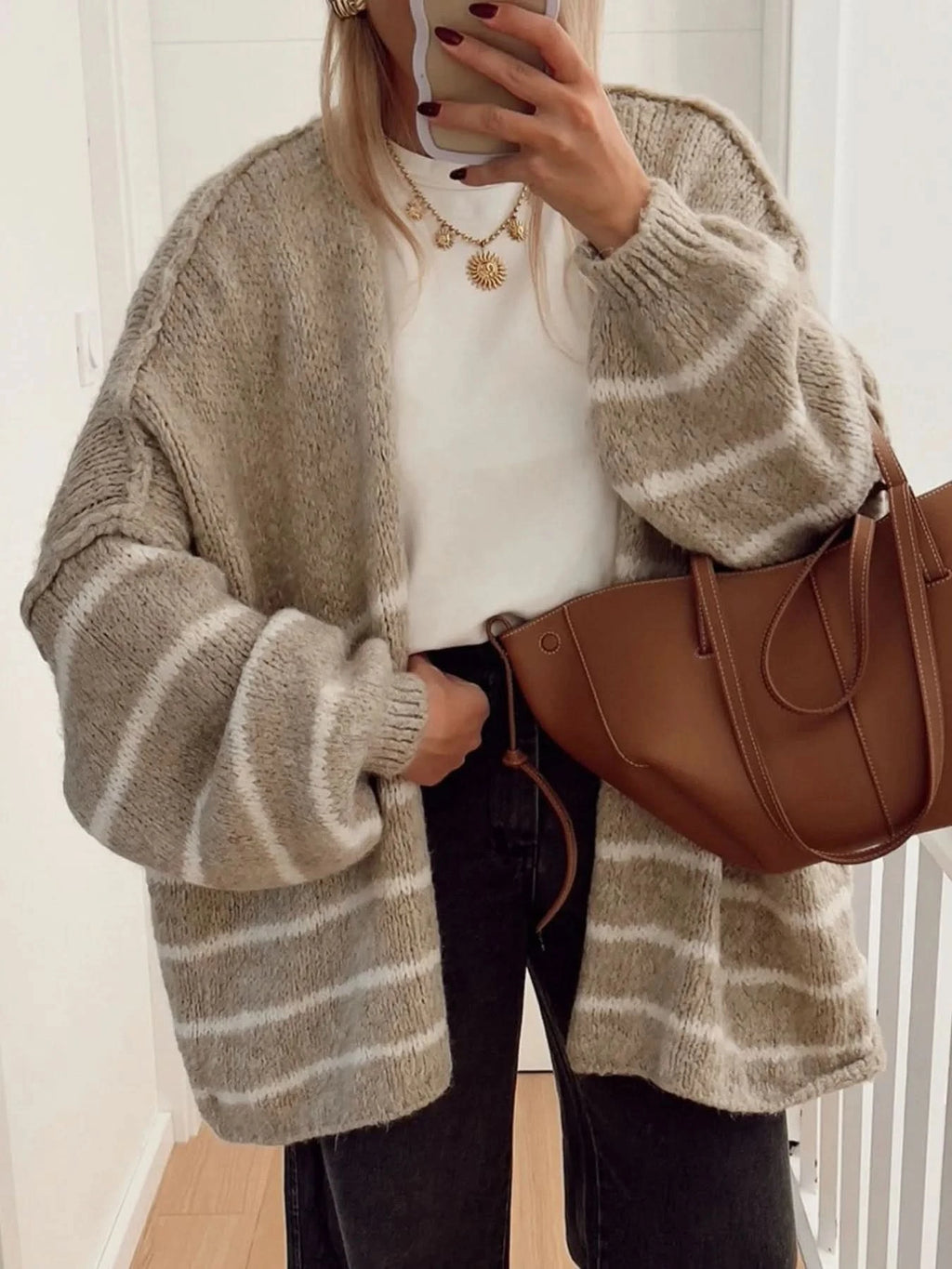 Striped Open Front Dropped Shoulder Cardigan in - photo