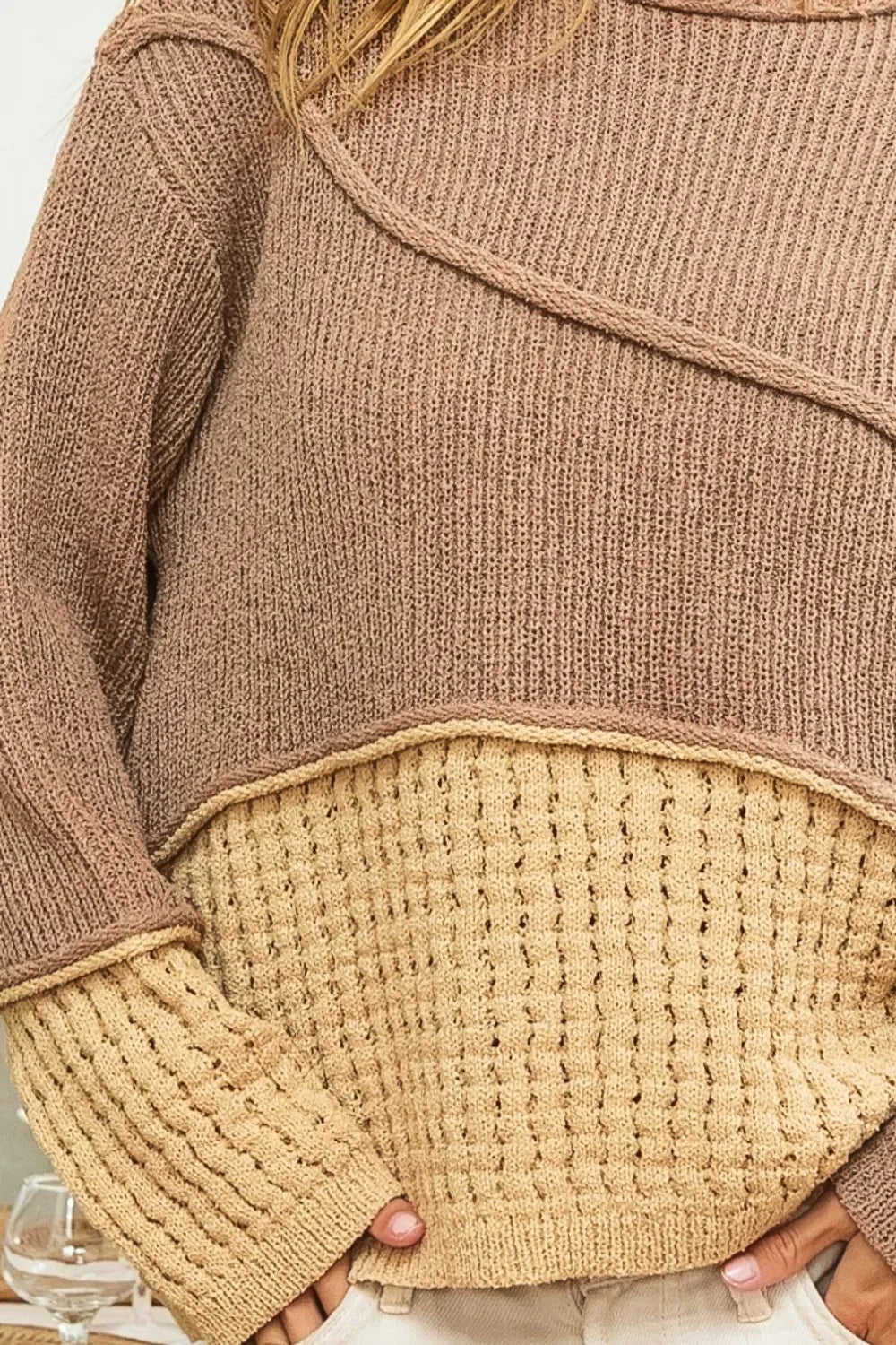 BiBi Texture Detail Contrast Drop Shoulder Sweater - SwagglyLife Home & Fashion