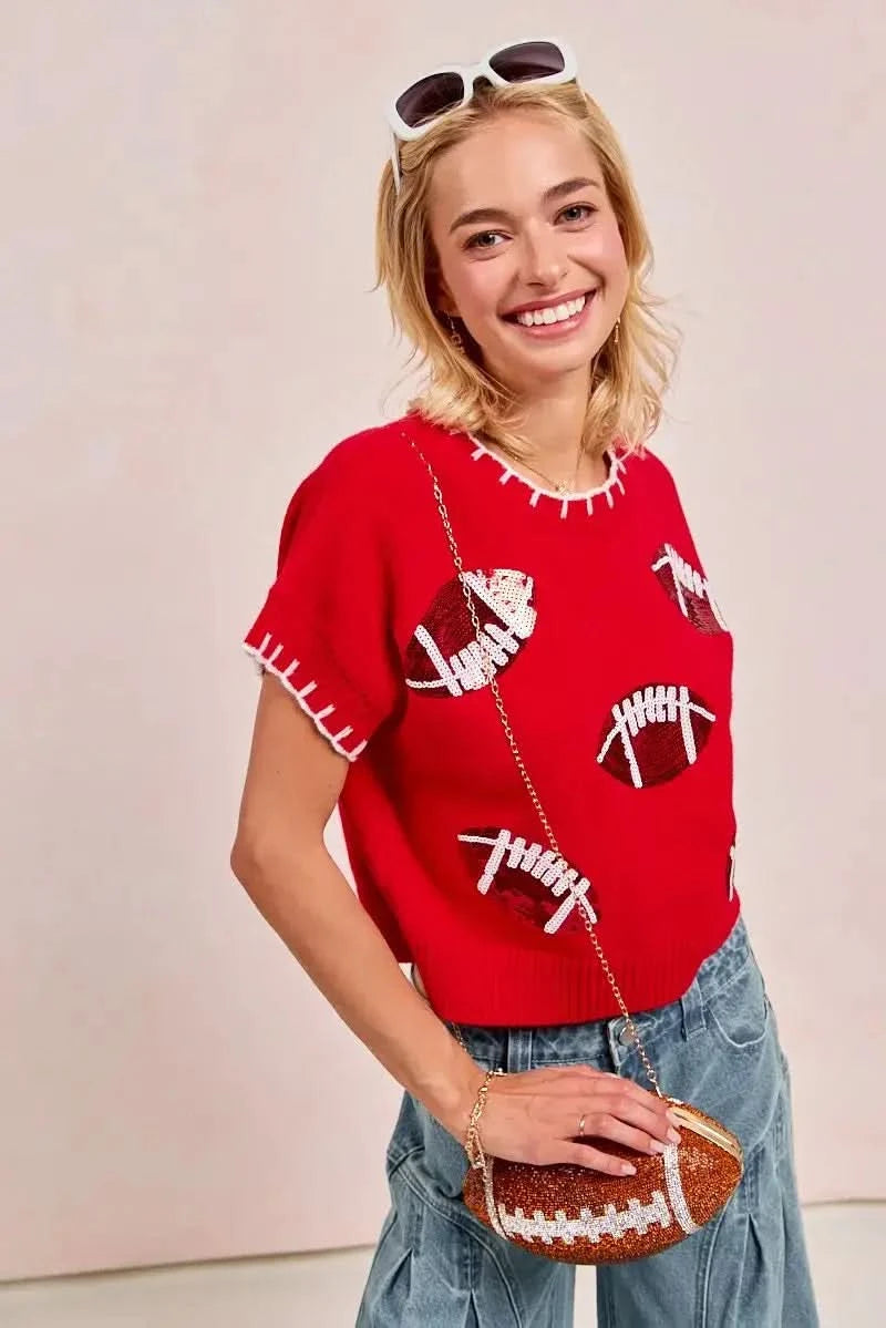 BiBi Gameday Sequin Football Embroidered Stitch Sweater in - photo