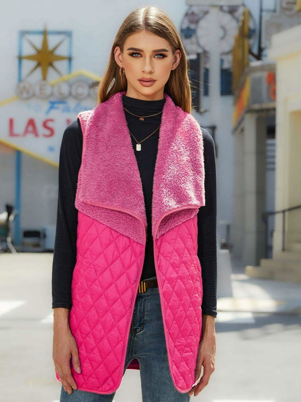 Open Front Collared Vest in Deep Rose - photo