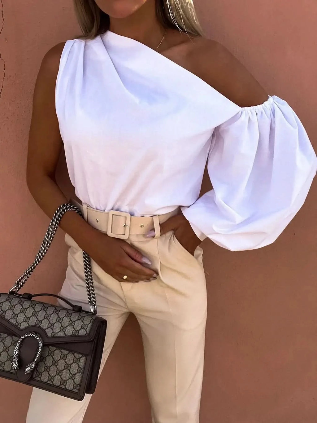 One Shoulder Puff Sleeve Blouse in - photo