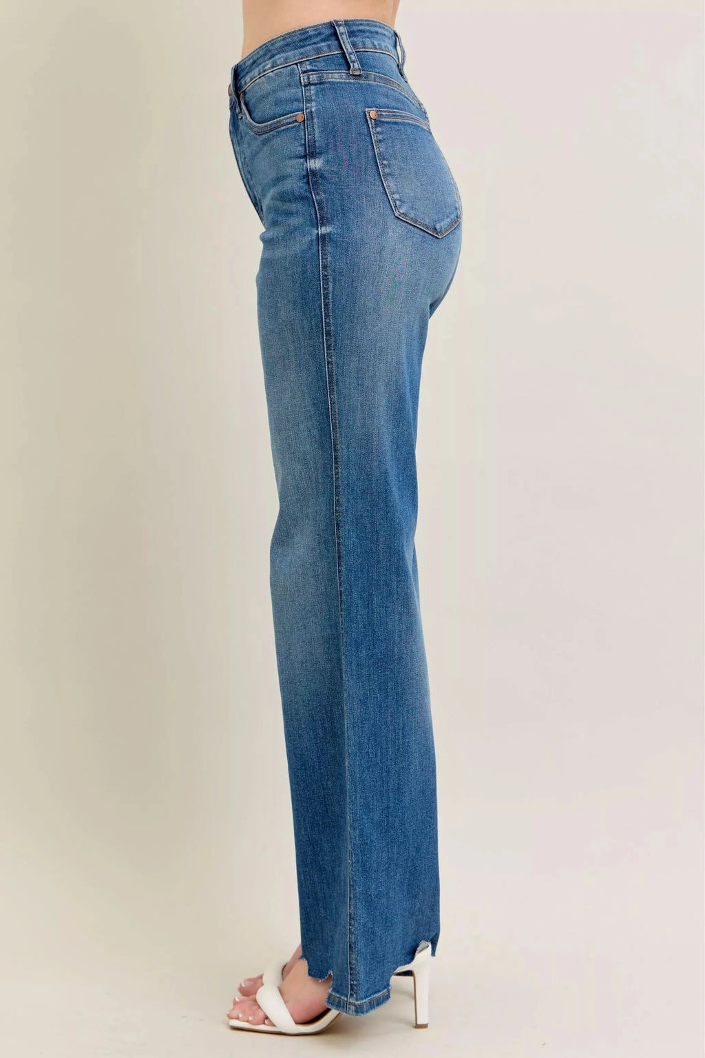 Judy Blue Full Size High Waist Tummy Control Chew Hem Destroy Wide Jeans Plus Size in - photo