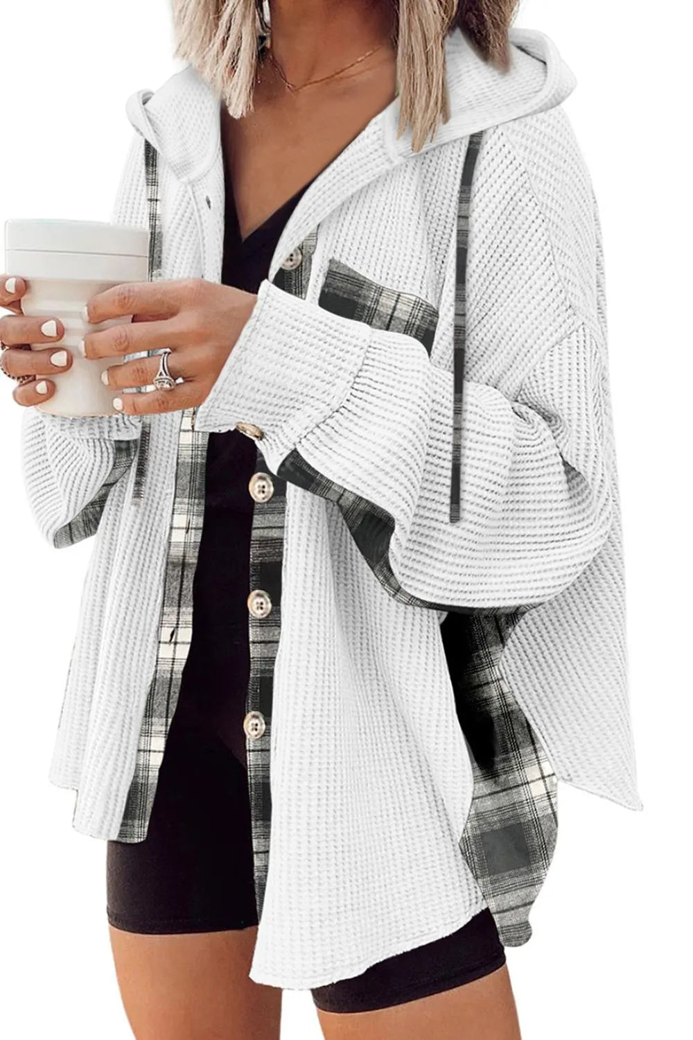 Waffle Knit Plaid Patchwork Drawstring Hooded Shacket in - photo