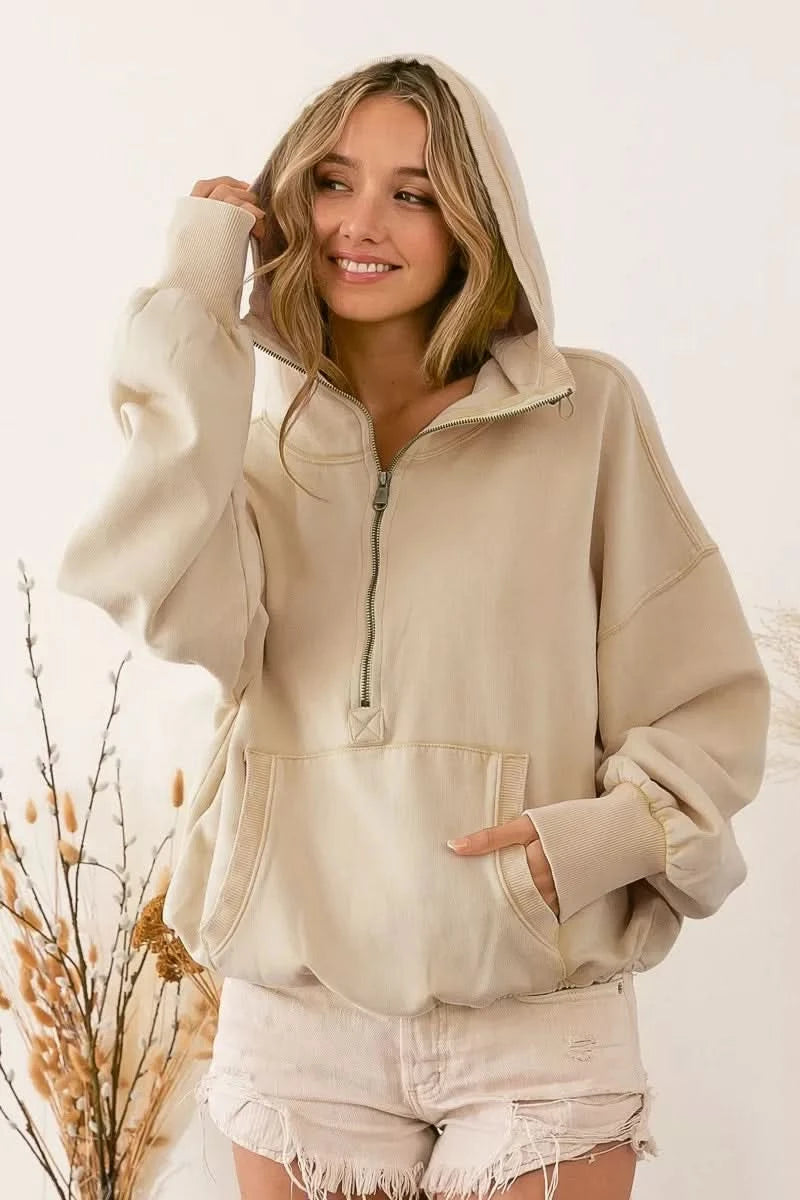 BiBi Stitch Detailed Elastic Hem Half Zip Fleece Hoodie in OATMEAL - photo