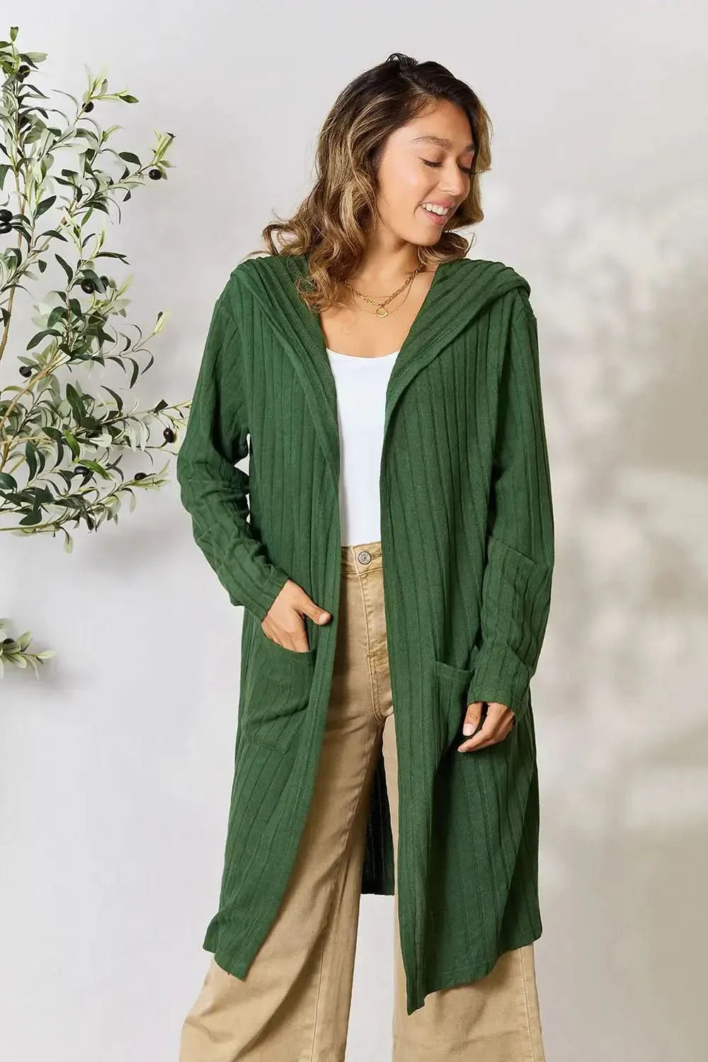 Basic Bae Full Size Hooded Sweater Cardigan in Dark Green - photo