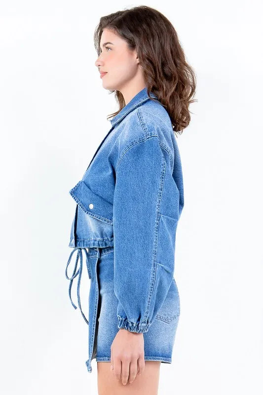 American Bazi Full Size Drop Shoulder Cropped Denim Jacket with Waist Strap Plus Size in - photo