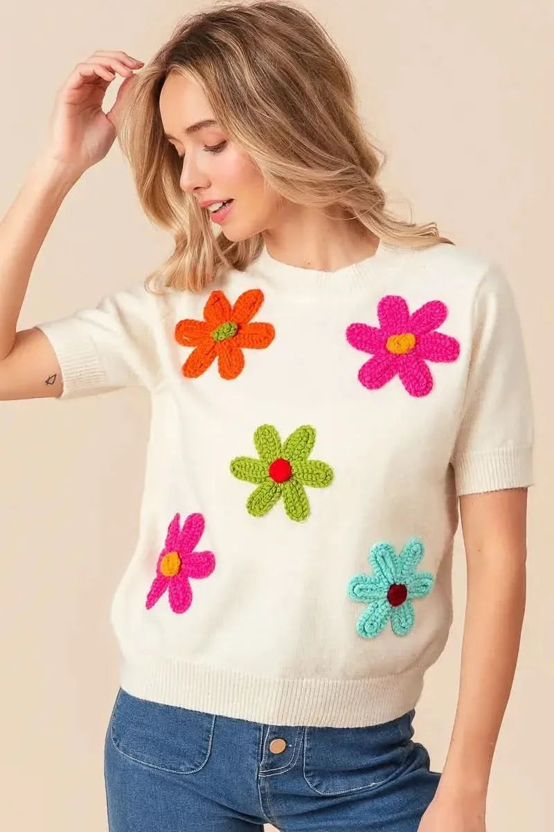 BiBi Crochet Flower Patch Sweater Top in - photo