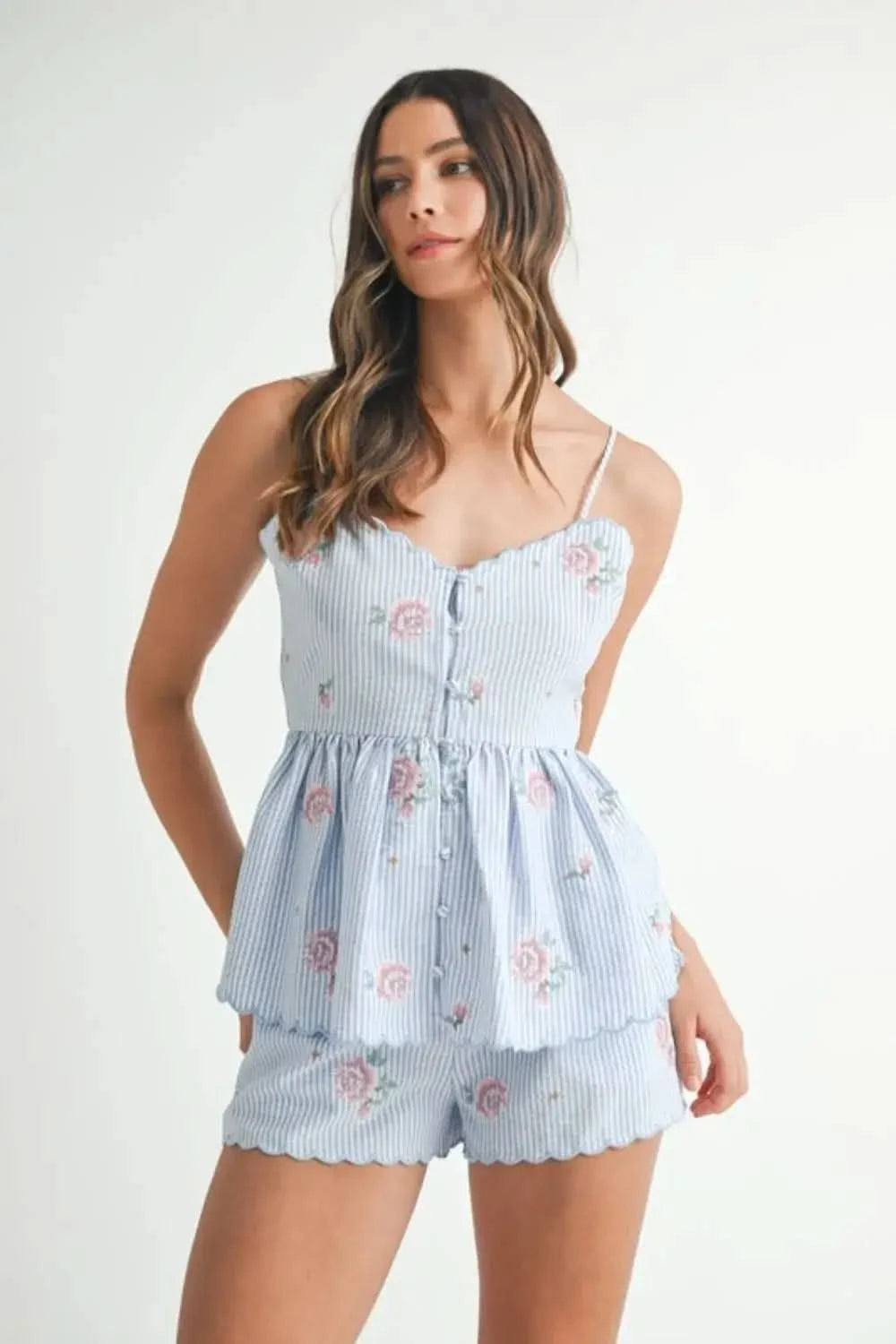 MABLE Stripe Embroidered Peplum Cami and Shorts Set in Blue - photo