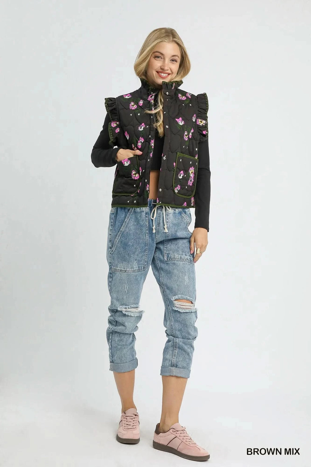 Umgee Ruffled Quilted Floral Snap Down Vest in - photo