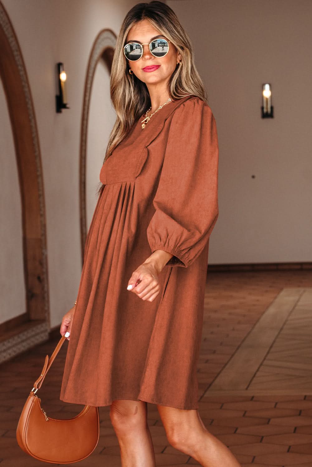 Yaranina Pleated Corduroy Mini Dress in - Mini Dresses photo