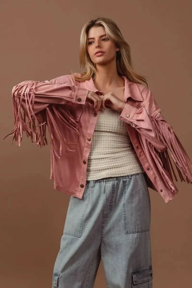 BiBi Suede Fringe Long Sleeve Jacket in - photo