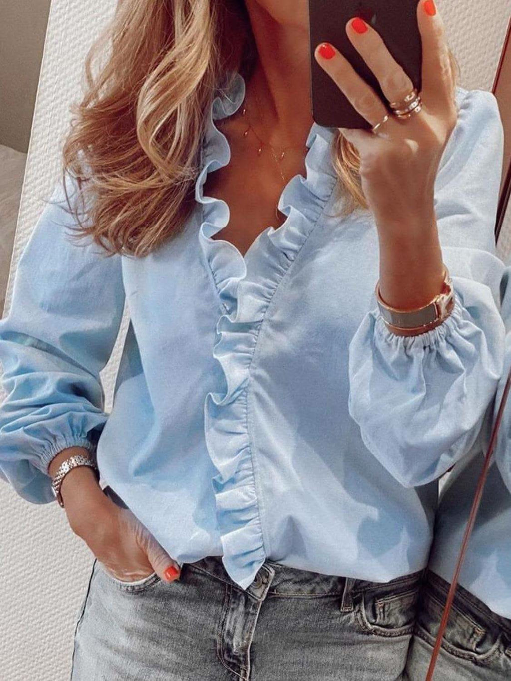 Andrea Full Size Ruffled V-Neck Long Sleeve Blouse - SwagglyLife Home & Fashion
