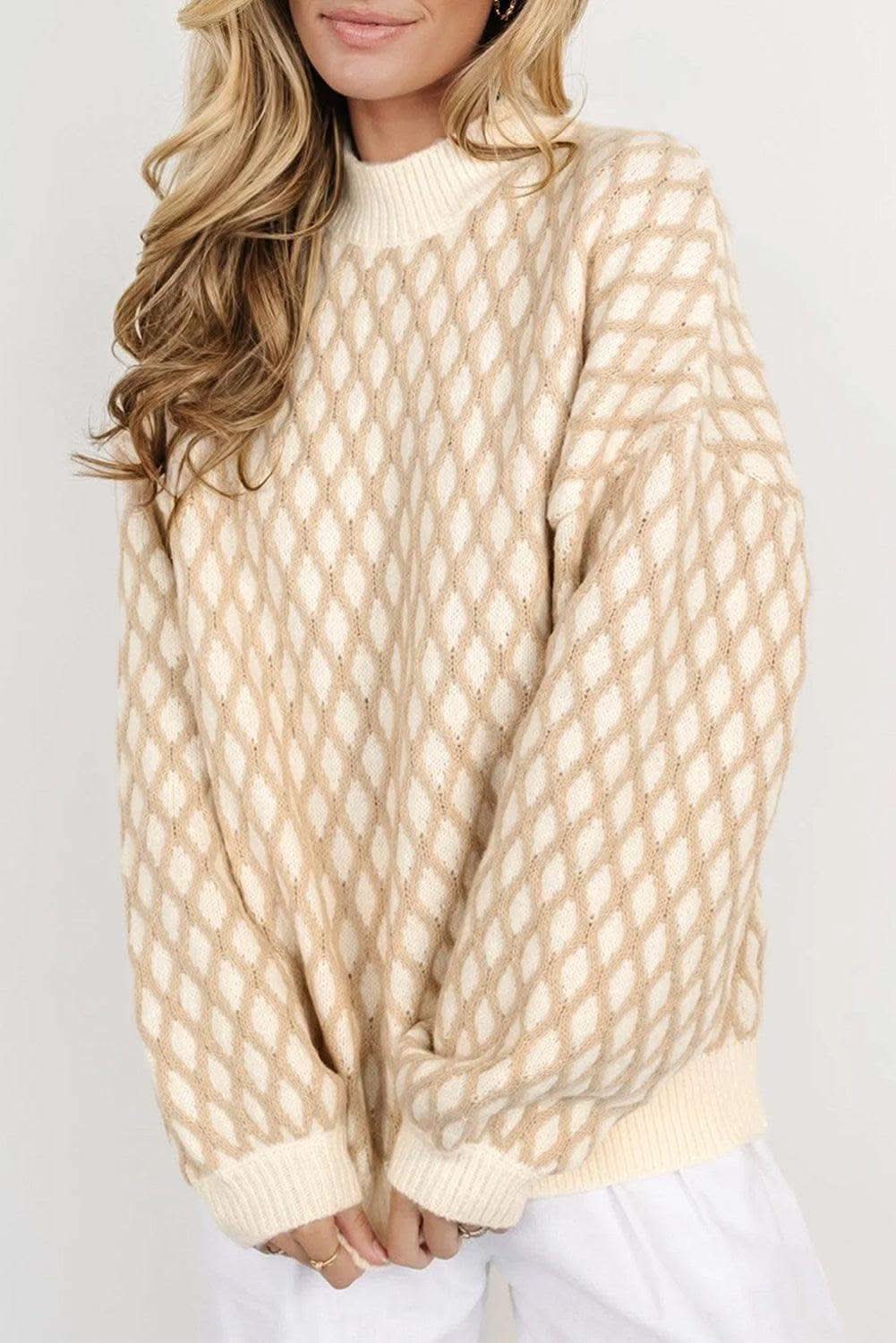 Diamond Pattern Mock Neck Long Sleeve Sweater in Cream - Sweaters photo