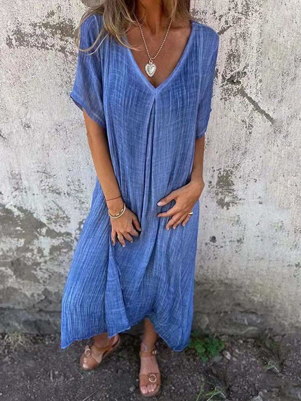 Full Size V-Neck Short Sleeve Midi Dress Plus Size in Blue - dresses photo