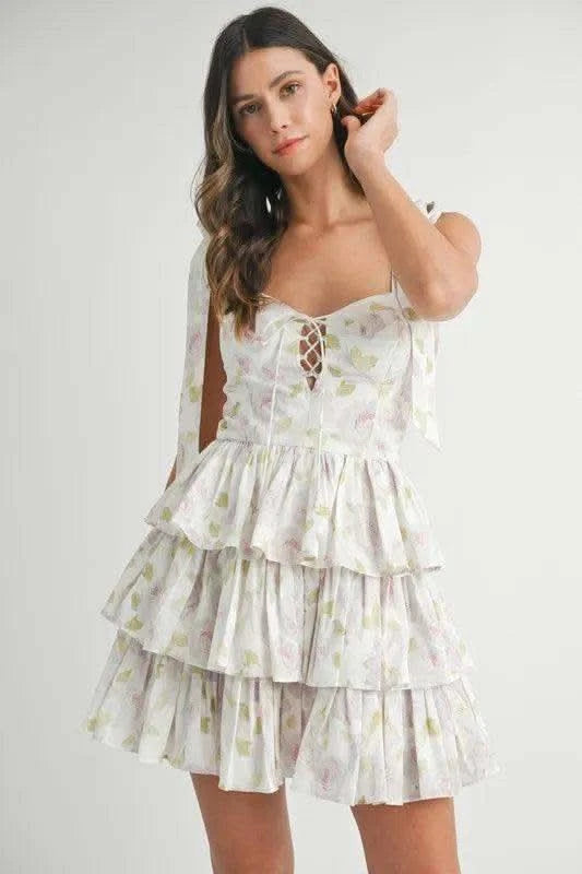 MABLE Floral Print Shoulder Tie Layered Mini Dress in Off White - photo