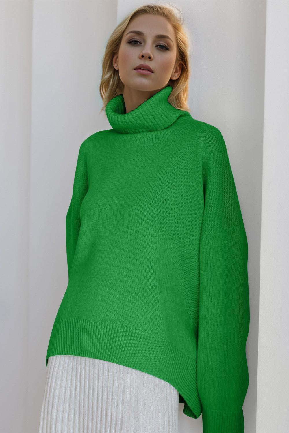 Basic Bae Turtleneck Dropped Shoulder Long Sleeve Sweater in Green One Size - sweater photo