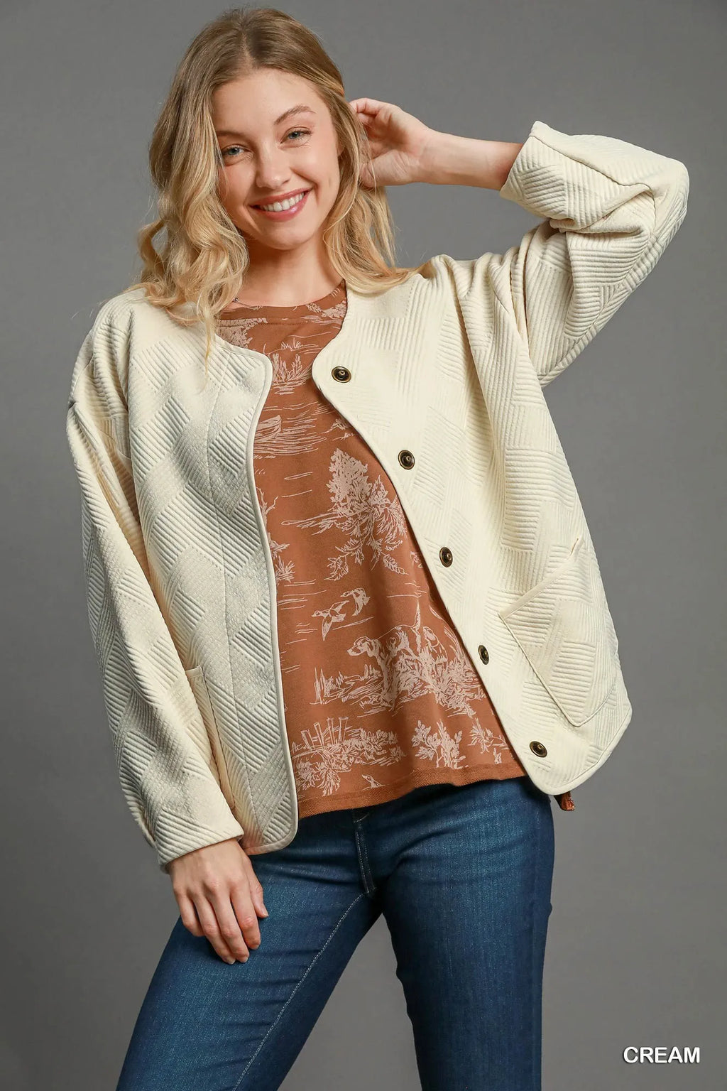 Umgee Textured Jacquard Jacket in Cream - photo