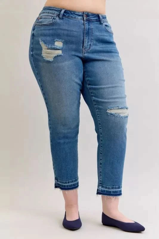 Judy Blue Full Size Mid Rise Bf Patch & Repair Destroy Release Hem Jeans Plus Size in - photo