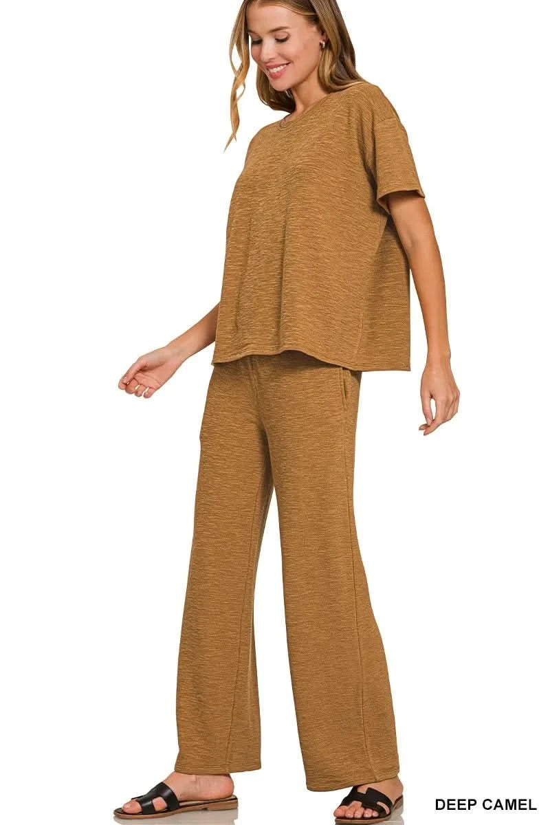 Zenana Slub Short Sleeve T-Shirt and Pants Set in DEEP CAMEL - photo