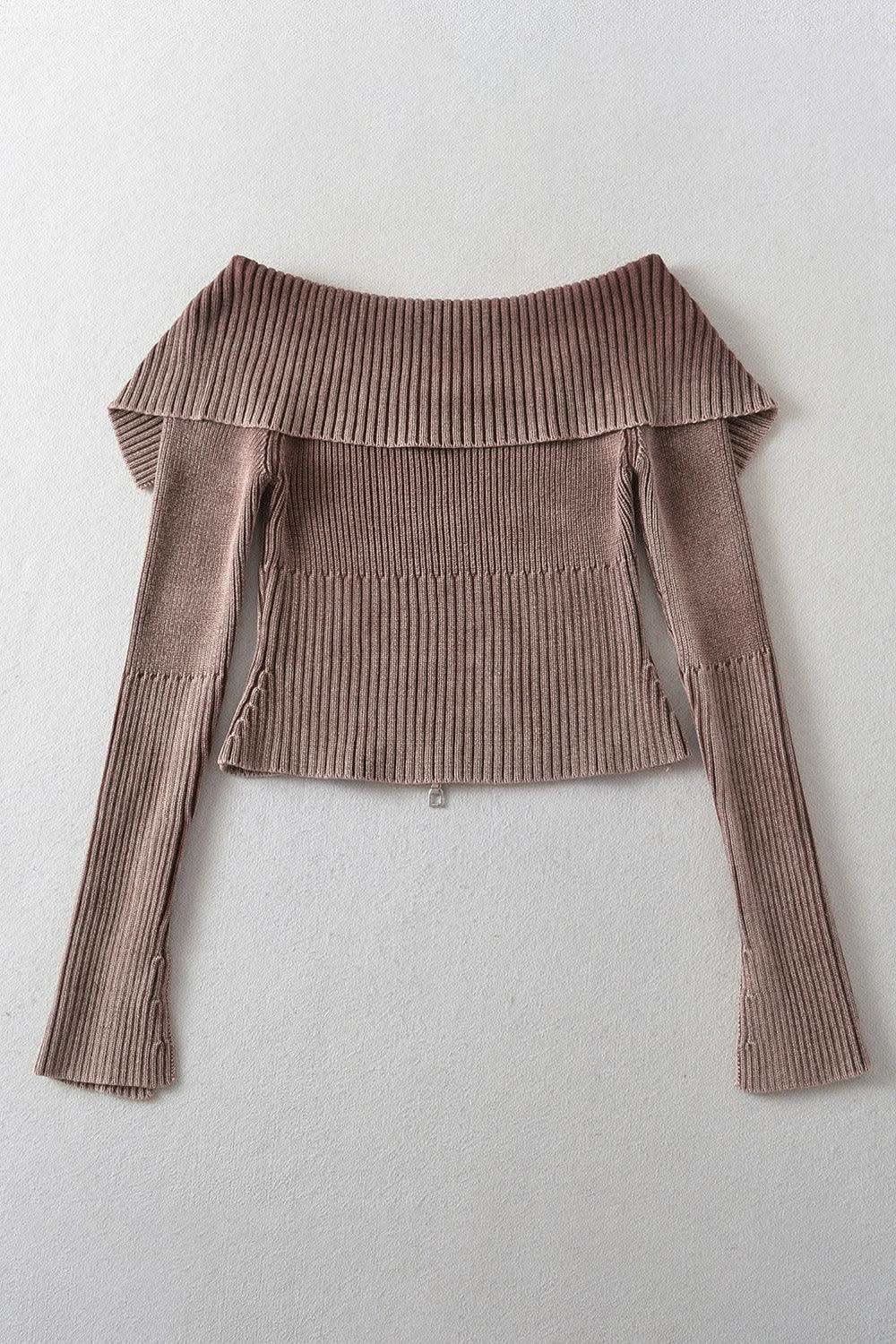 Double Take Ribbed Off-Shoulder Zip Up Long Sleeve Cardigan in - photo