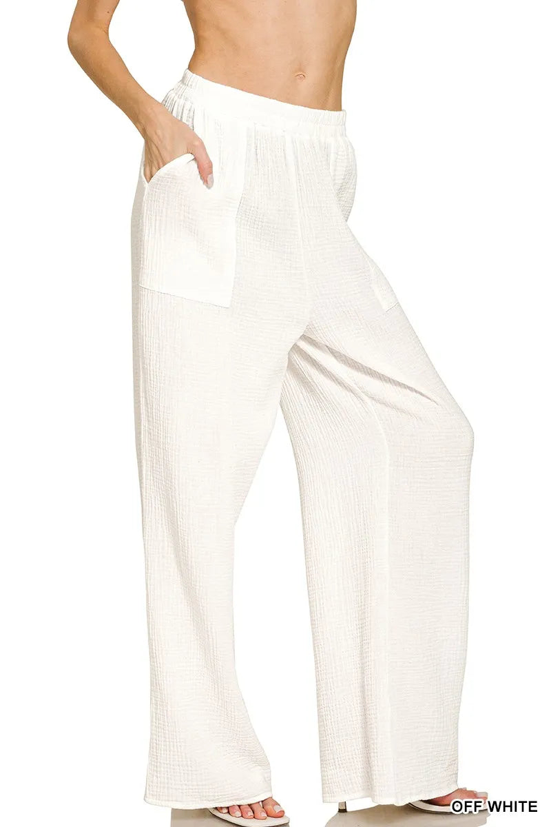 Zenana Double Gauze Elastic Band Pants in - photo