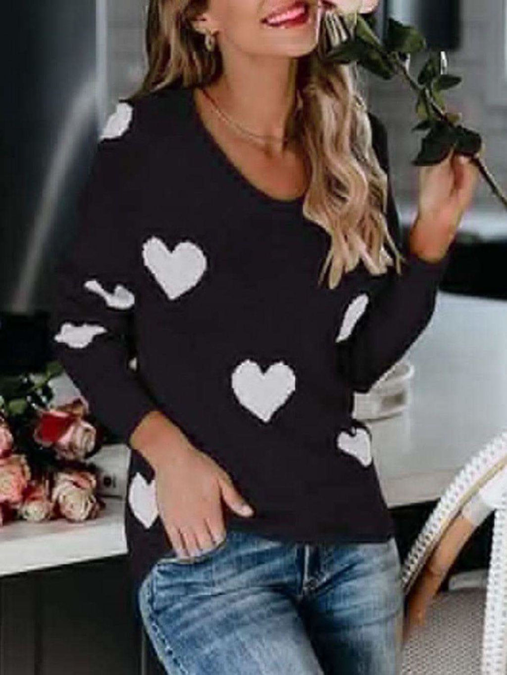 Heart Scoop Neck Long Sleeve Sweater in Black - photo