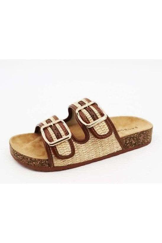 Bamboo Corc Footbed Slide Sandal in Raffia Strap in Tan - Shoes photo