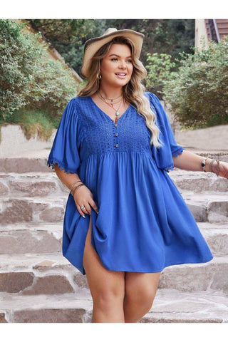 Barefoot Blue PLUS Openwork Button Up V-Neck Short Sleeve Dress - SwagglyLife Home & Fashion Barefoot Blue PLUS Openwork Button Up V-Neck Short Sleeve Dress - SwagglyLife Home & Fashion