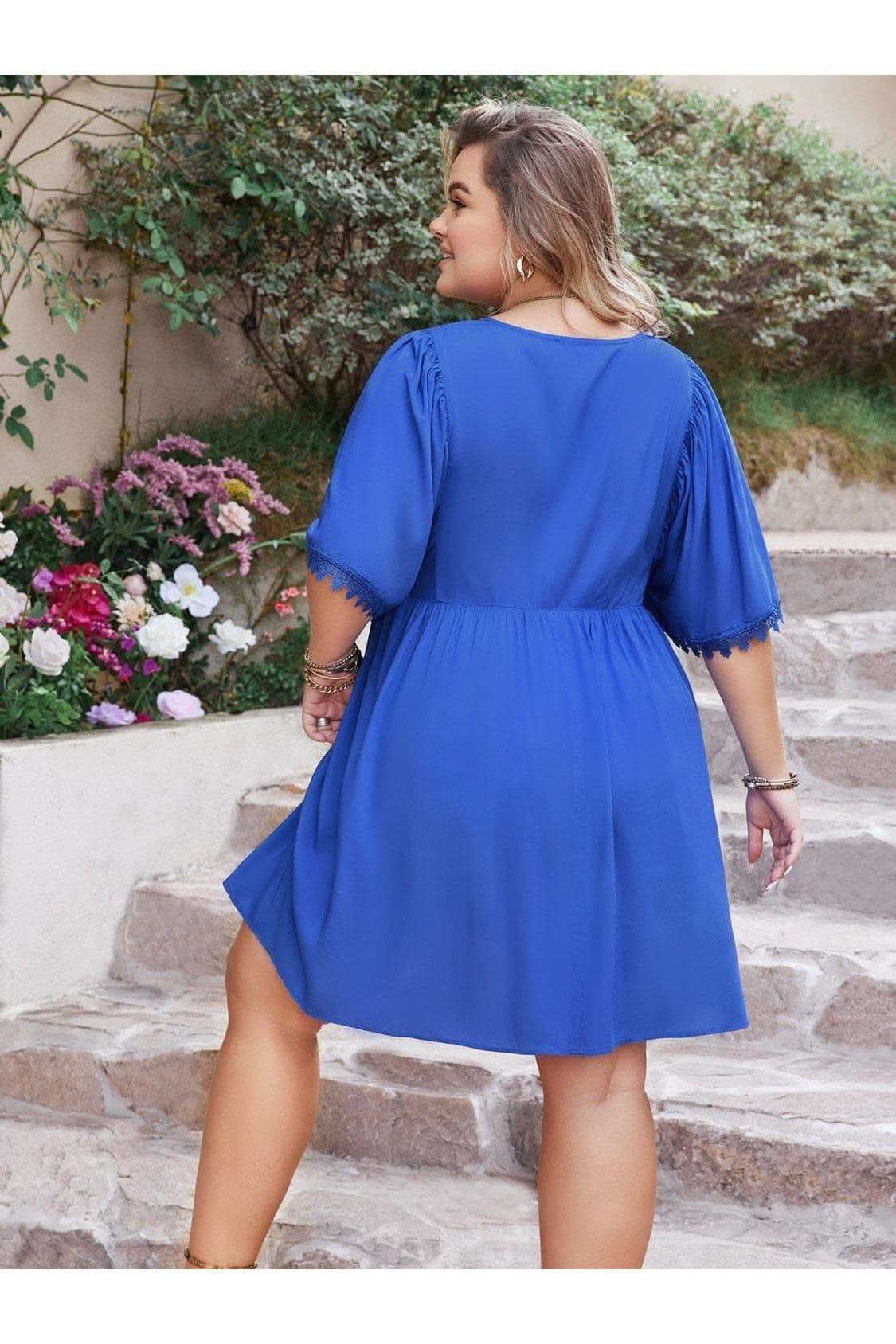 Barefoot Blue PLUS Openwork Button Up V-Neck Short Sleeve Dress - SwagglyLife Home & Fashion Barefoot Blue PLUS Openwork Button Up V-Neck Short Sleeve Dress - SwagglyLife Home & Fashion