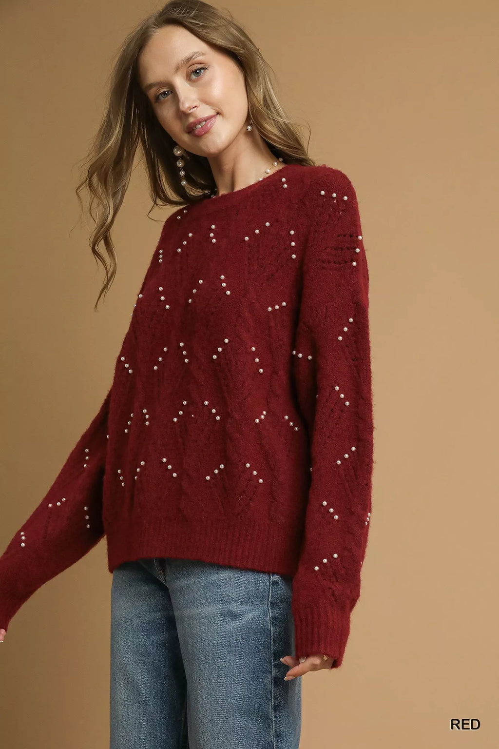 Umgee Pearl-Embellished Long Sleeve Sweater - SwagglyLife Home & Fashion