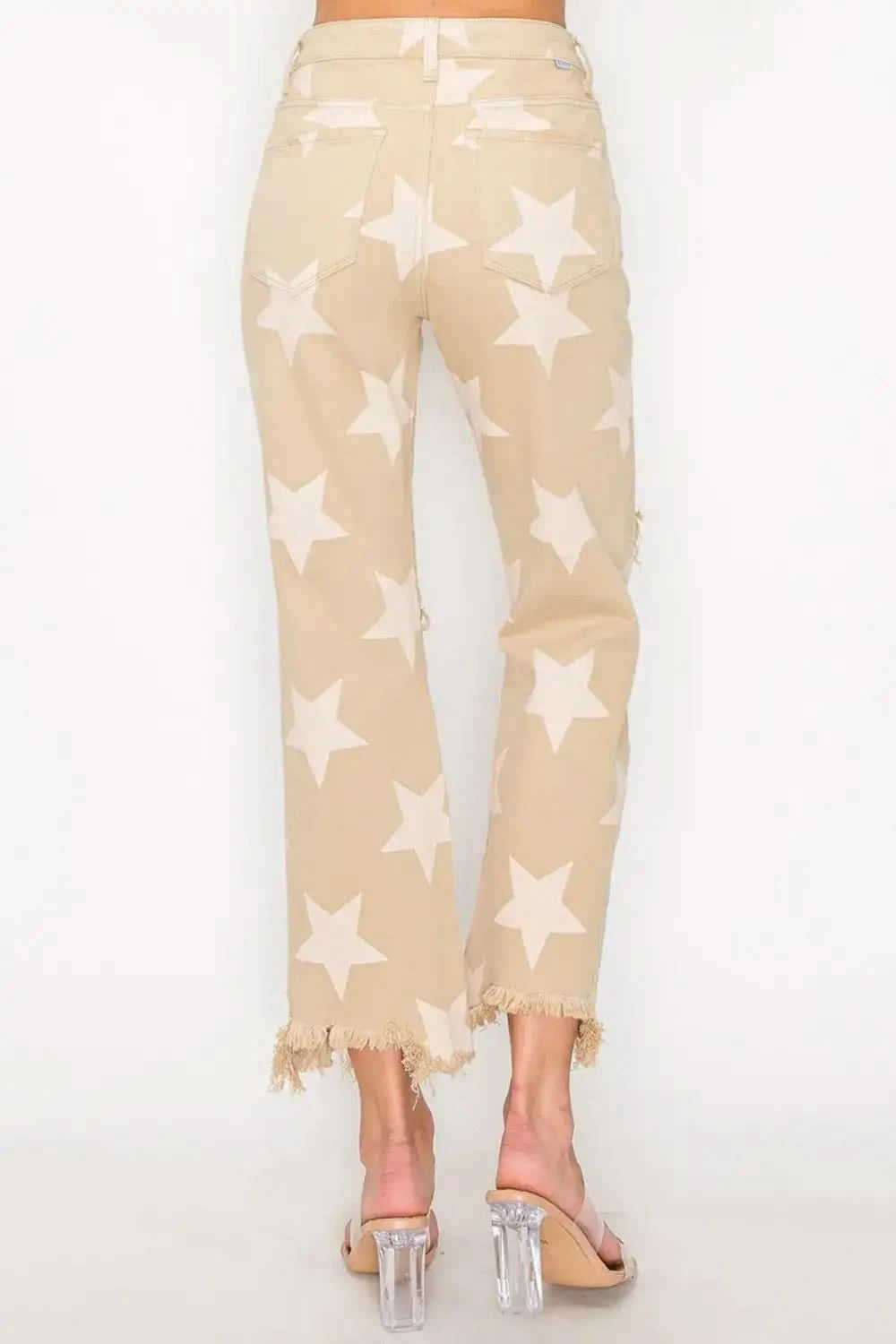 RISEN Full Size High Rise Star Printed Frayed Hem Jeans in - photo