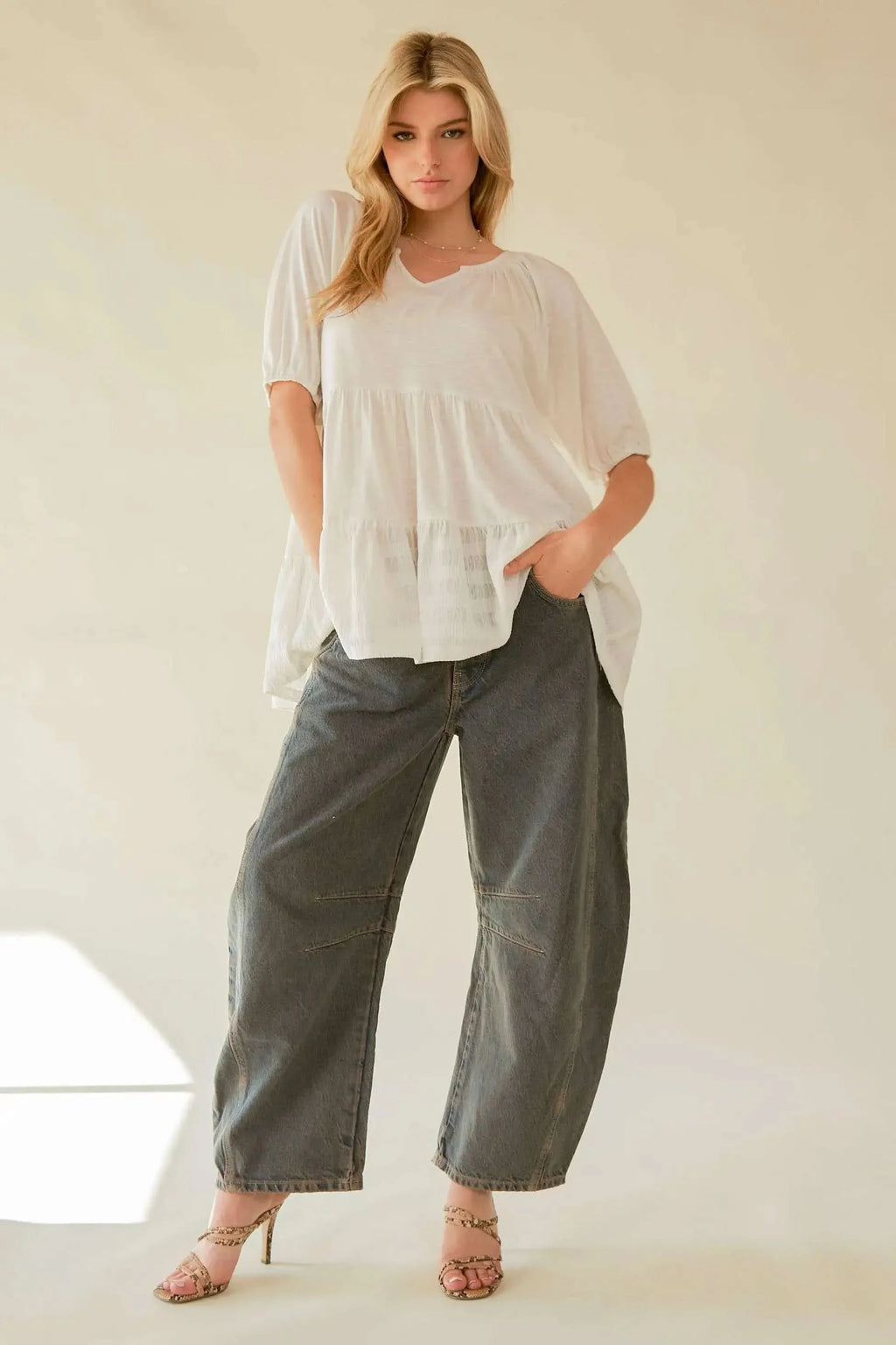 Davi & Dani Ruffled Flared Short Sleeve V Neck Blouse in - photo