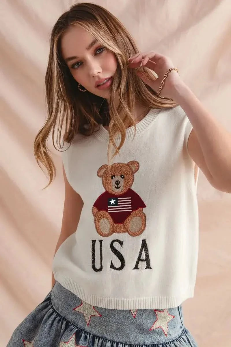 SO ME Teddy Bear Wearing An American Flag With Usa Embroidered Sweater Vest in - photo