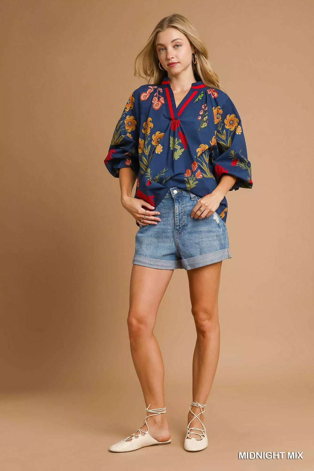 Umgee Floral Print Flounce Sleeve Blouse in - photo
