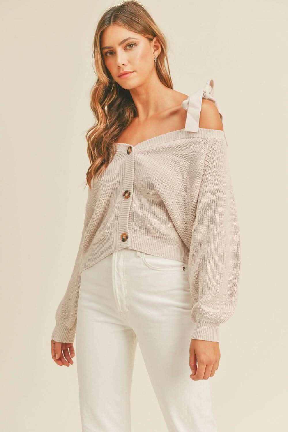 MABLE Off Shoulder Self Tie Strap Button Down Sweater - SwagglyLife Home & Fashion