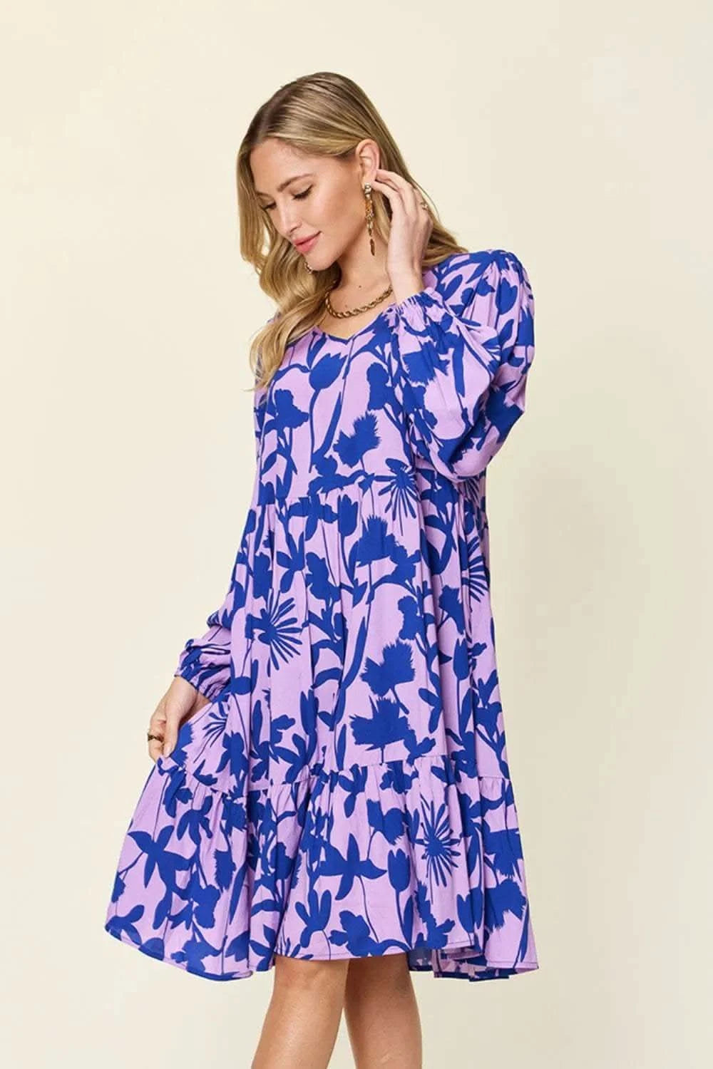 Double Take Full Size Printed Ruffle Hem Dress with Pocket in - photo