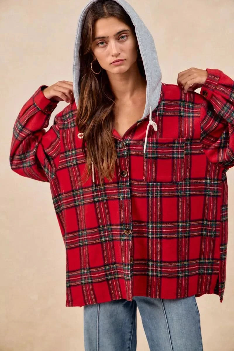 BiBi Brushed Plaid Hooded Jacket in - photo